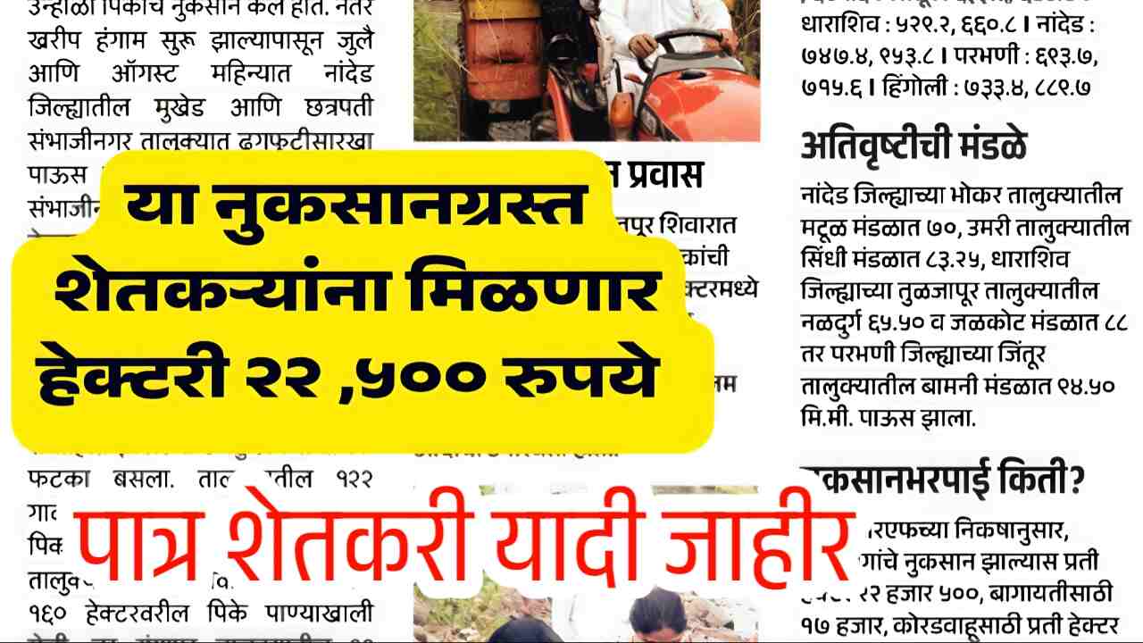 नुकसान भरपाईचे निकष बदलले; आता हेक्टरी ₹२२,५०० पर्यंत मदत जाहीर; येथे चेक करा Nuksan Bharpai New Norms
